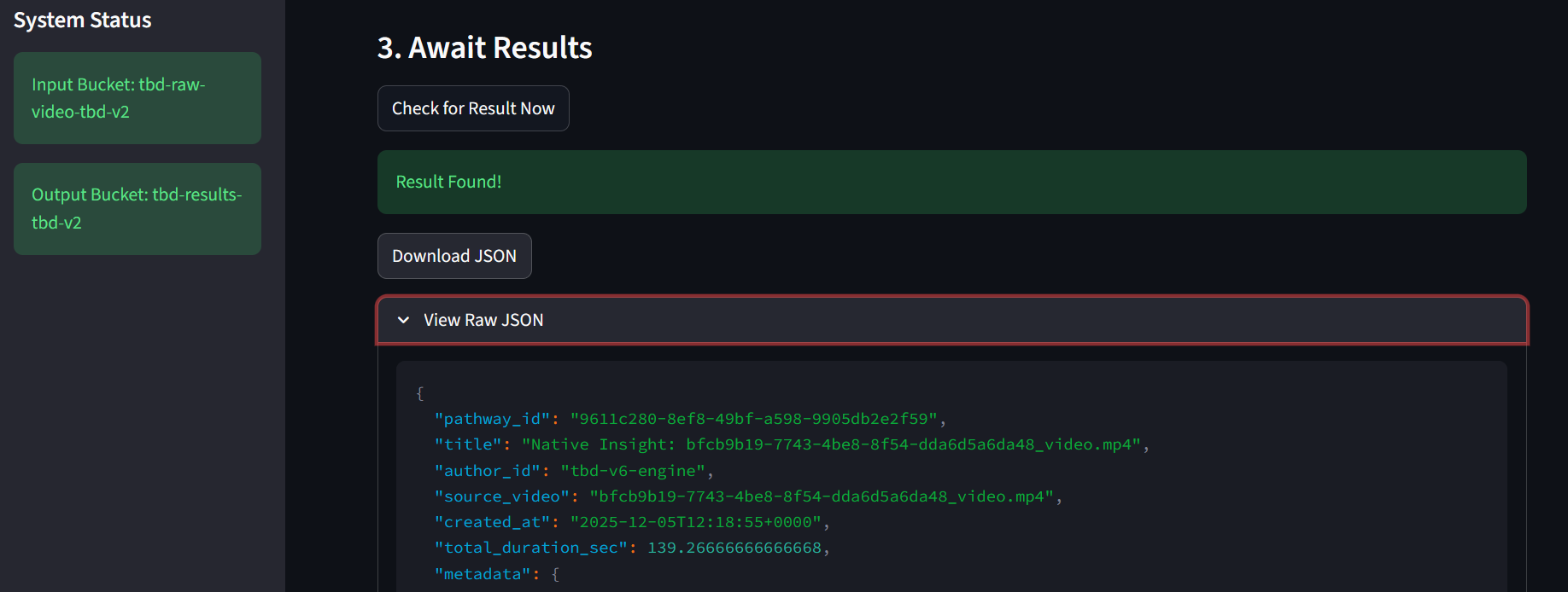 TbD V6 JSON response screenshot showing Pathway.json structure