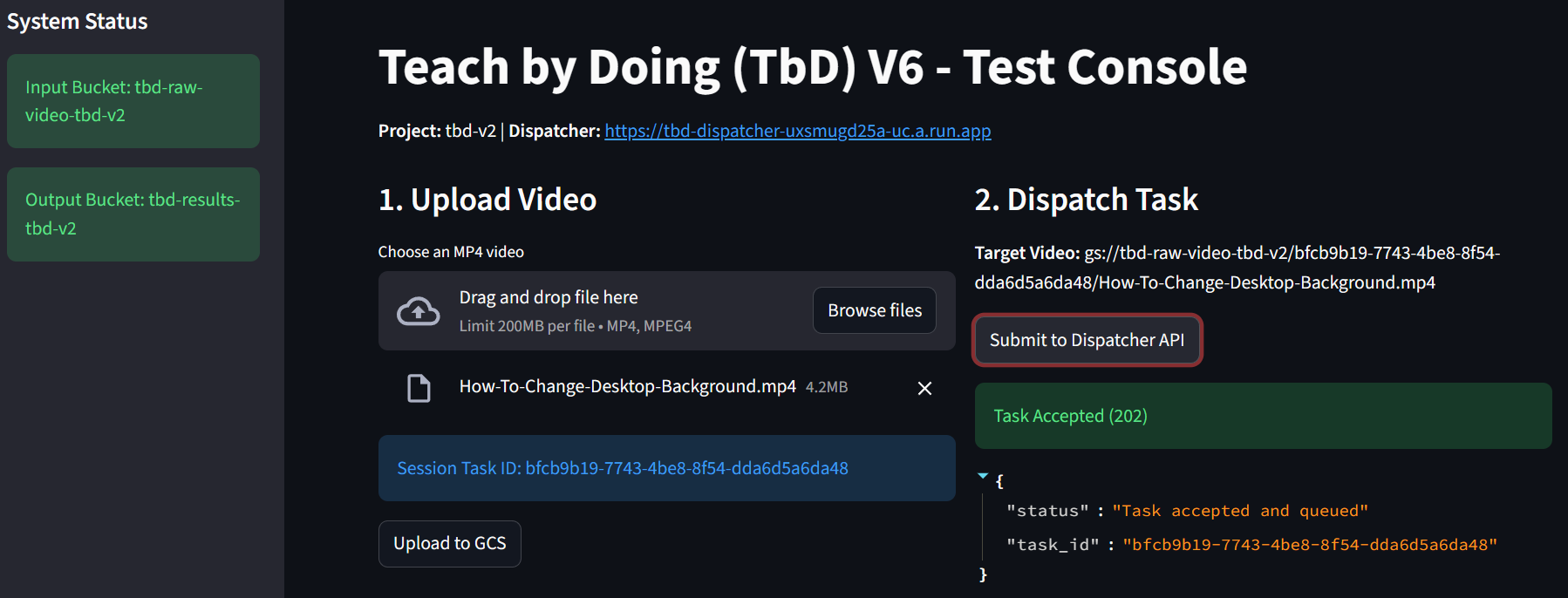TbD V6 Streamlit demo screenshot showing video upload and generated steps